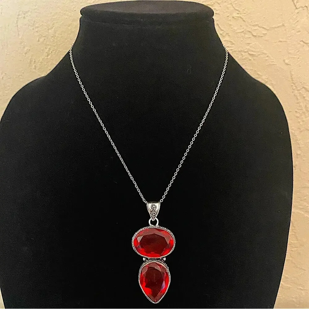 Antique Ruby Pendant Necklace, Sterling Silver, Double Gemstone, Statement